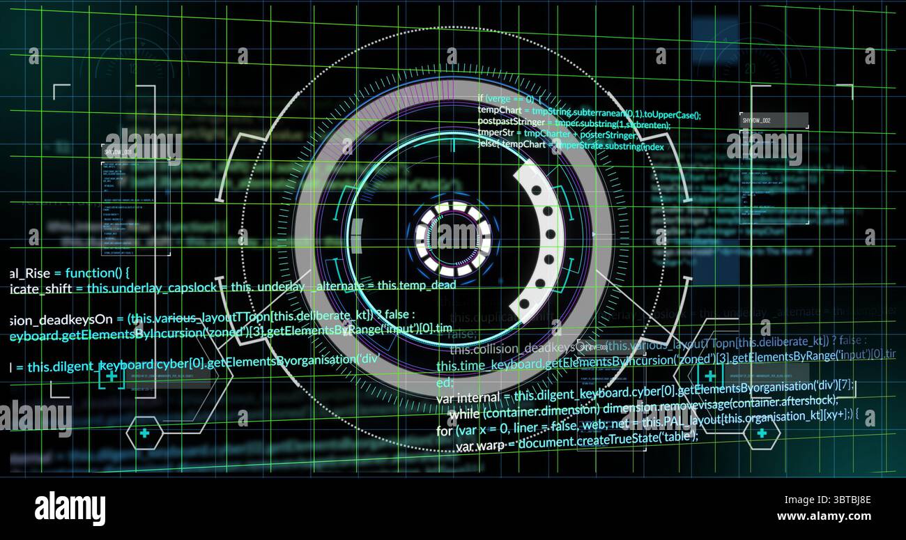 Visualizzazione del reticolo HUD centrale che mostra anelli concentrici nell'interfaccia con linee griglia, archi e codice Foto Stock