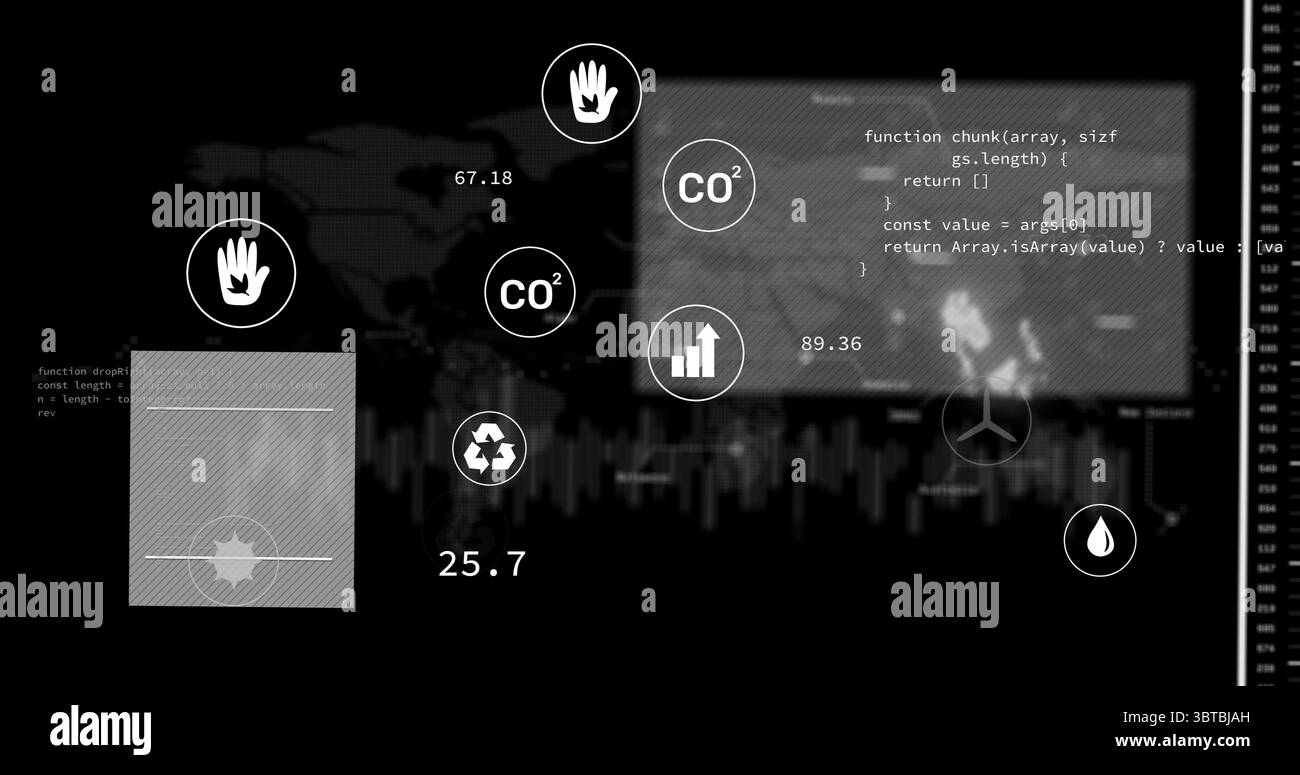Visualizzazione del dashboard eco in un tema scuro, con icone CO² e riciclo, pannello codici e istogramma Foto Stock