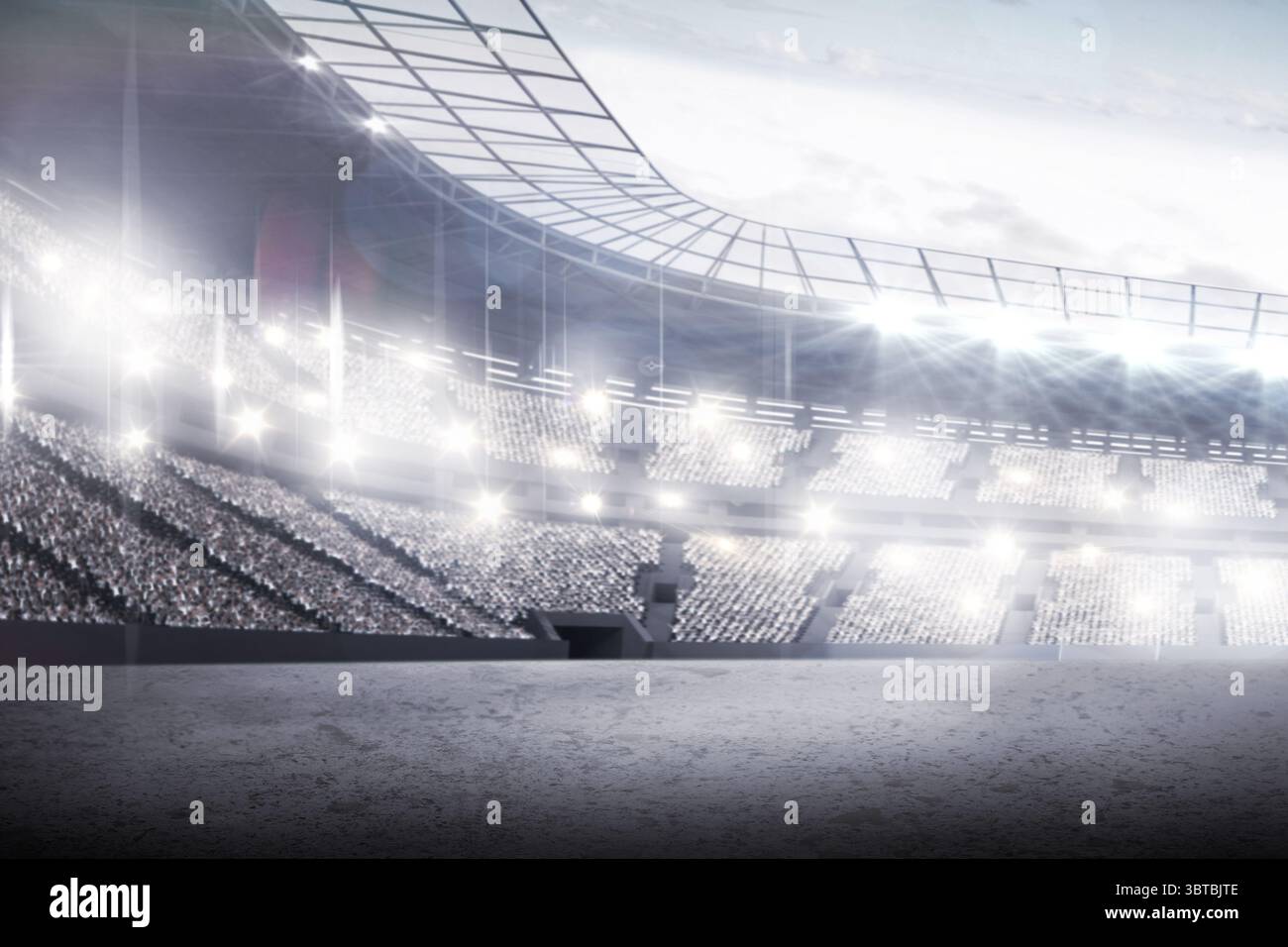 Il campo vuoto viene mostrato in uno stadio dal design piatto con capriate a tetto curvo e fari luminosi Foto Stock