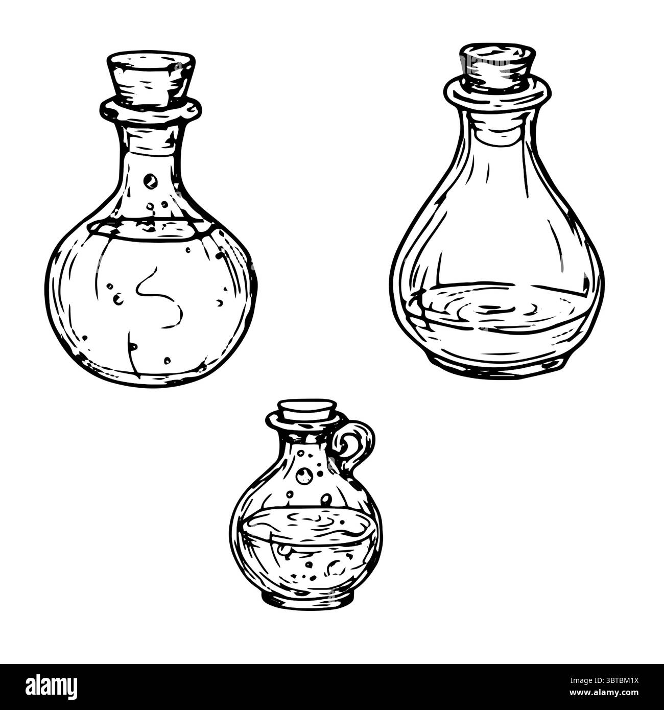 Fiale in vetro con pozioni magiche, un set di silhouette, uno schizzo a inchiostro bianco e nero. Illustrazione vettoriale. Bottiglie magiche, isolate su sfondo bianco Illustrazione Vettoriale