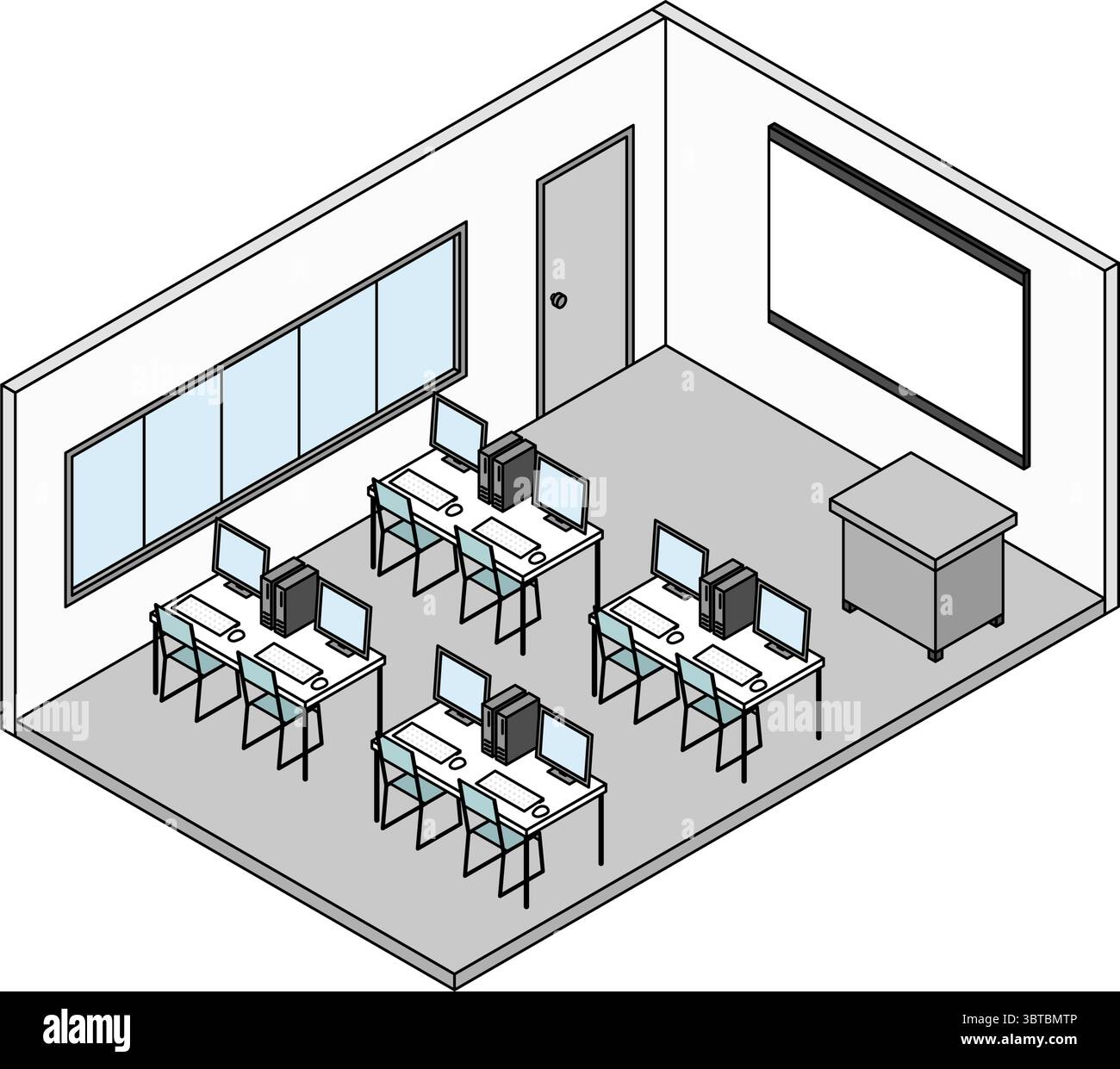 Illustrazione isometrica semplice e simpatica di un laboratorio di computer della scuola rivestito di computer, illustrazione vettoriale Illustrazione Vettoriale