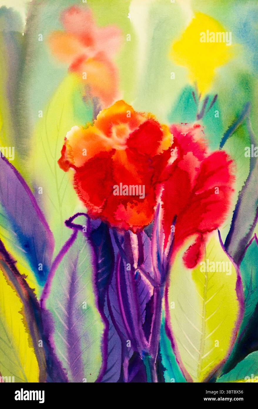 Acquerello paesaggio dipinto originale colorato di fiori di giglio di canna ed emozione su sfondo astratto Foto Stock