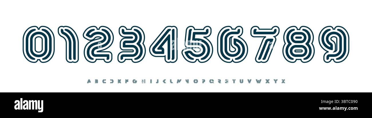 Carattere numerico retrò, numeri e lettere a loop delineati, struttura neon pop per un branding divertente, atmosfera nostalgica, estetica divertente e divertente, gioventù Illustrazione Vettoriale
