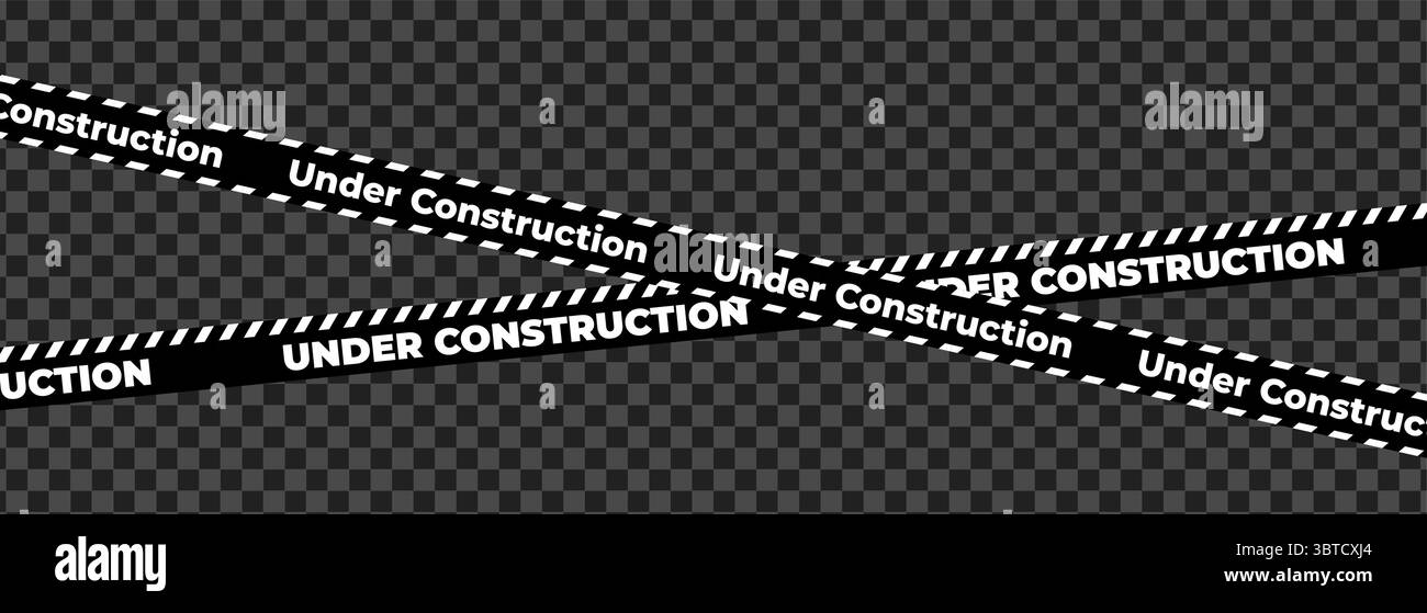 Cartello sottoscocca con nastro adesivo di sicurezza nero. Barriera di attenzione per zona di sicurezza, area bloccata, pagina del sito Web, lavori stradali, sito Illustrazione Vettoriale