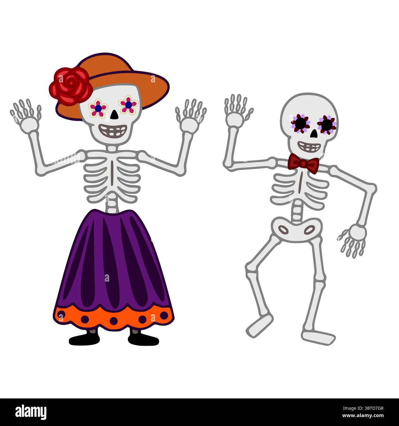 Illustrazione vettoriale di due scheletri giocosi di Day of the Dead, una femmina in abito viola e un maschio con un papillon, entrambi decorati con occhi floreali, Illustrazione Vettoriale