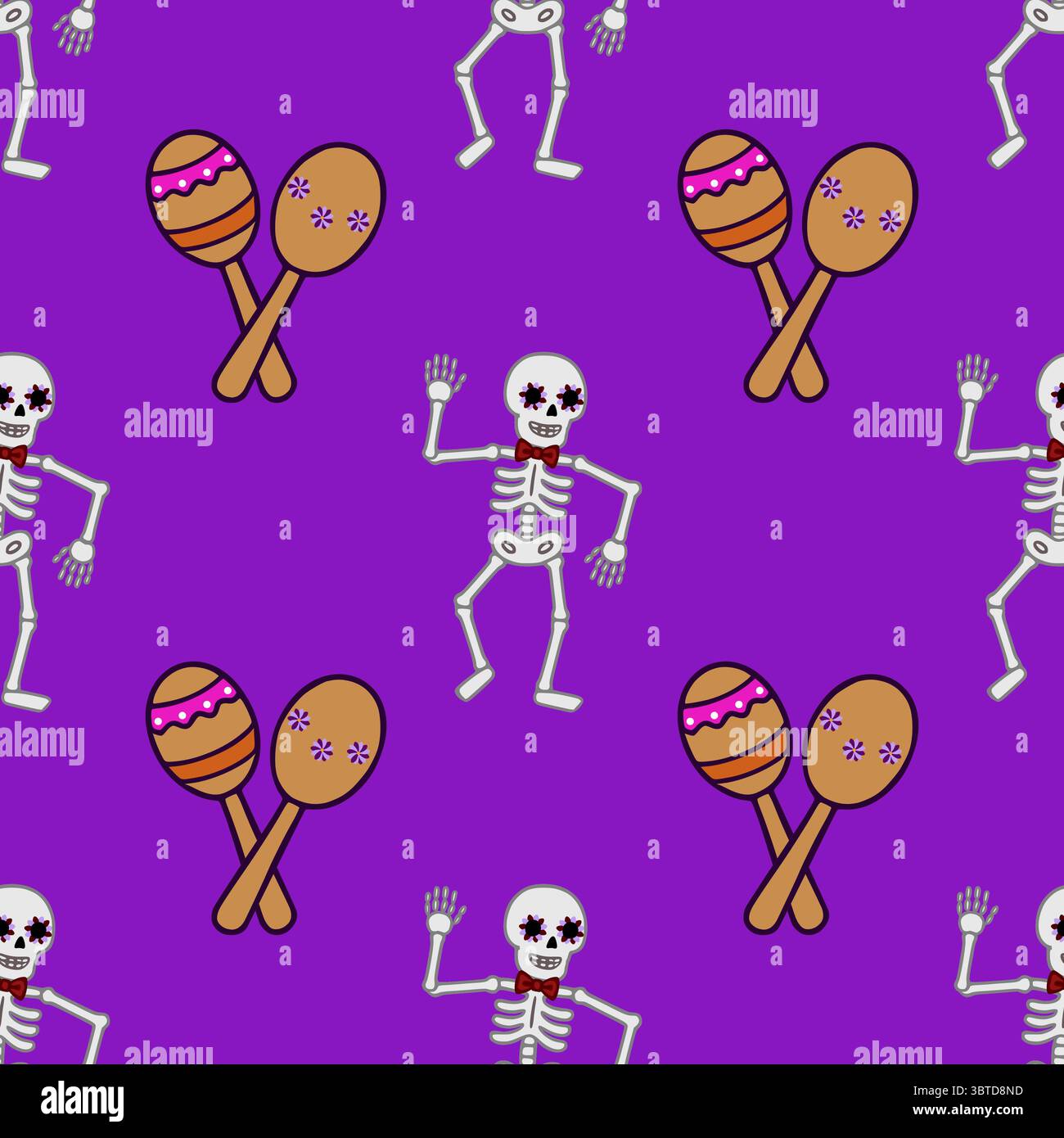 Motivo vettoriale senza cuciture con scheletri danzanti con trucco floreale e maracas, su un vivace sfondo viola, ideale per il giorno della Illustrazione Vettoriale