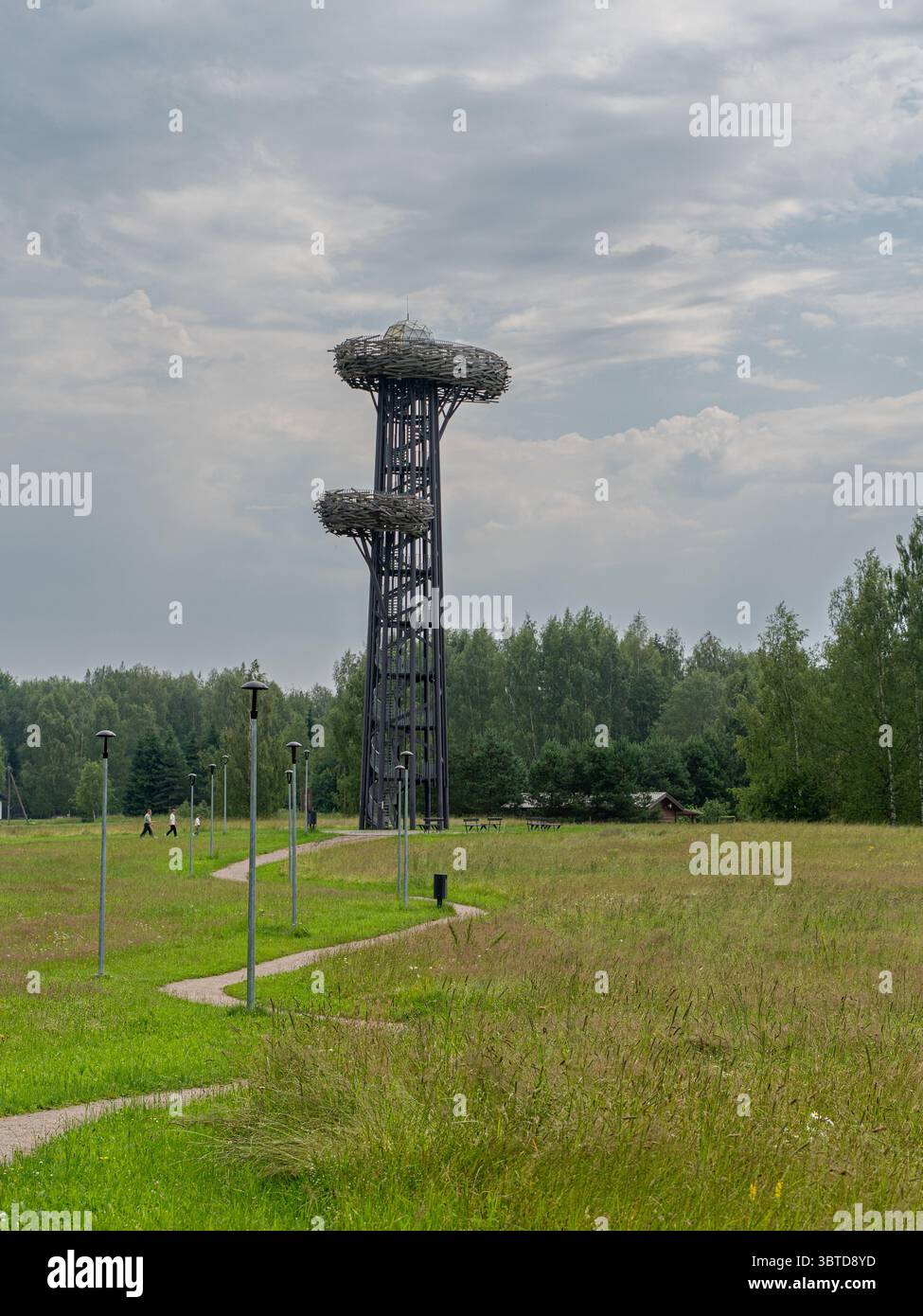 Torre di osservazione con piattaforme circolari nella valle di Ööbikuorg, Rõuge, Estonia - simbolo architettonico dell'Estonia meridionale. Foto Stock