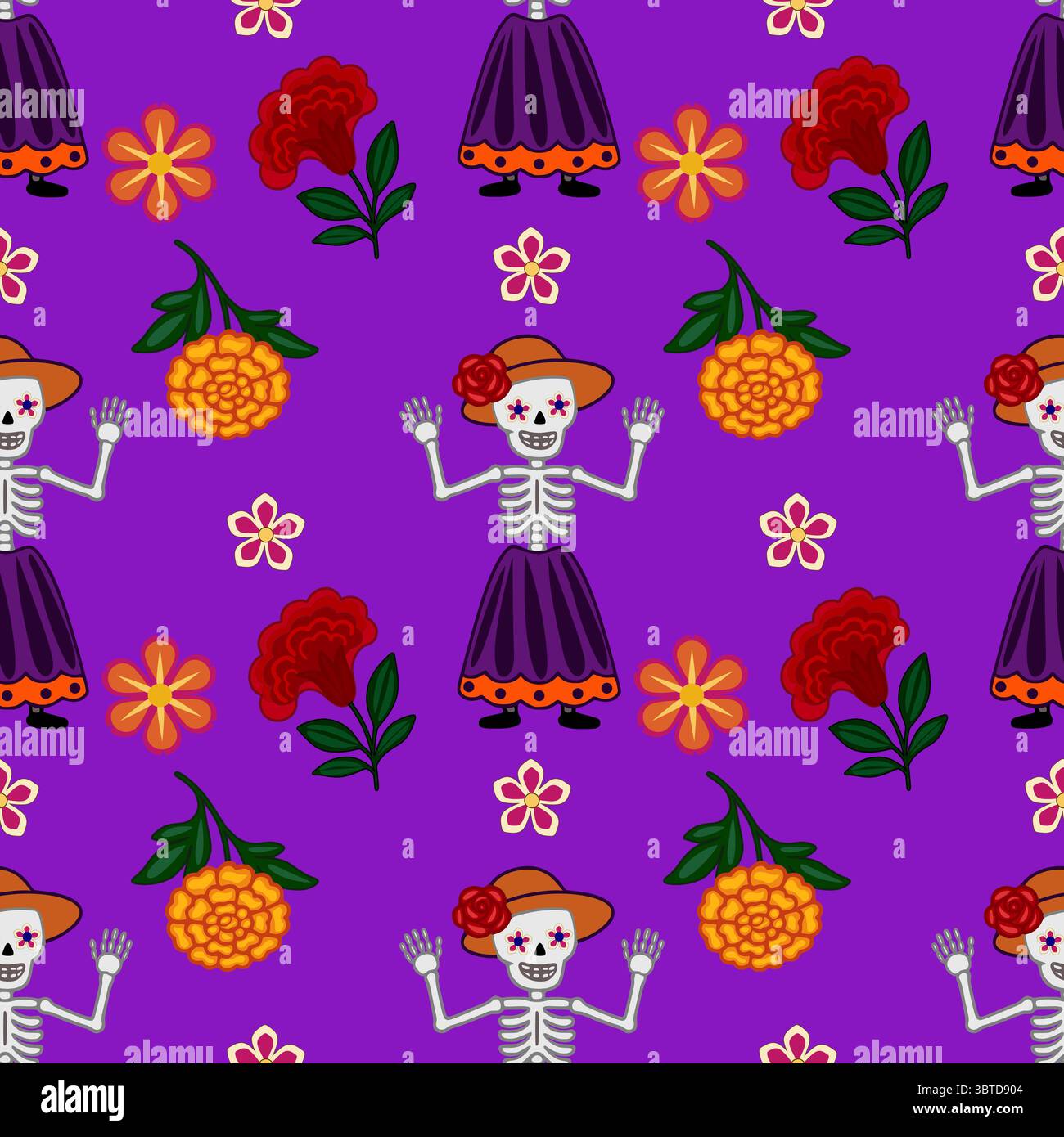 Vivace motivo vettoriale senza cuciture con scheletri Calavera Catrina in tradizionale abbigliamento messicano, che ondeggiano e sono circondati da calendula e altri colori Illustrazione Vettoriale