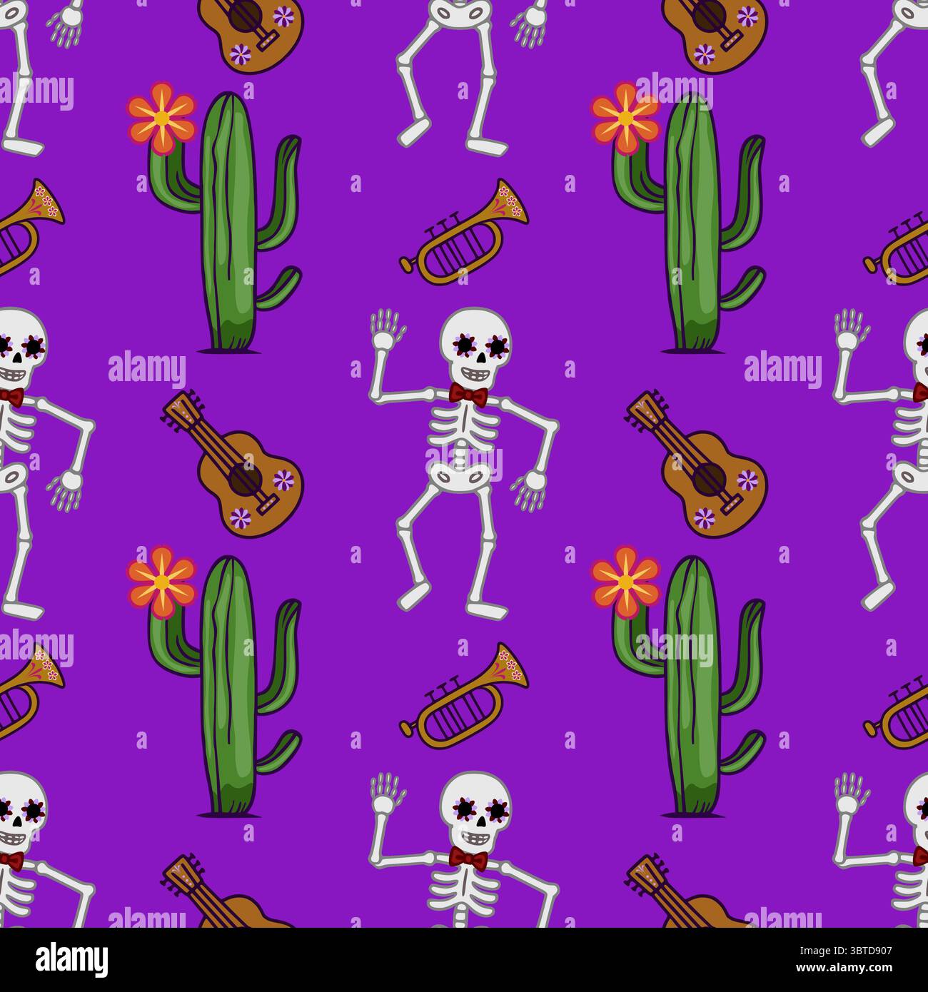 Vibrant Vector Seamless Pattern: Day of the Dead Fiesta con scheletri danzanti, cactus, chitarre e trombe su sfondo viola Illustrazione Vettoriale