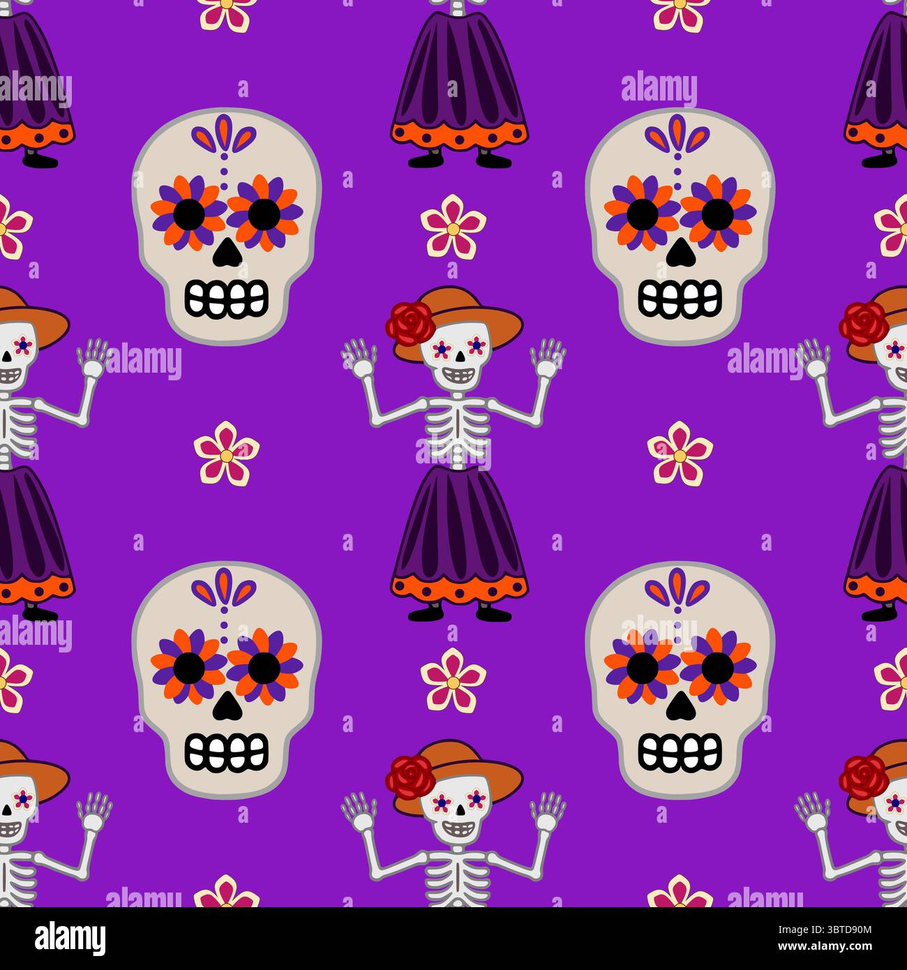 Vivace motivo vettoriale senza cuciture con Catrinas Calavera, scheletri in abbigliamento tradizionale e colorate decorazioni floreali su un ricco dorso viola Illustrazione Vettoriale