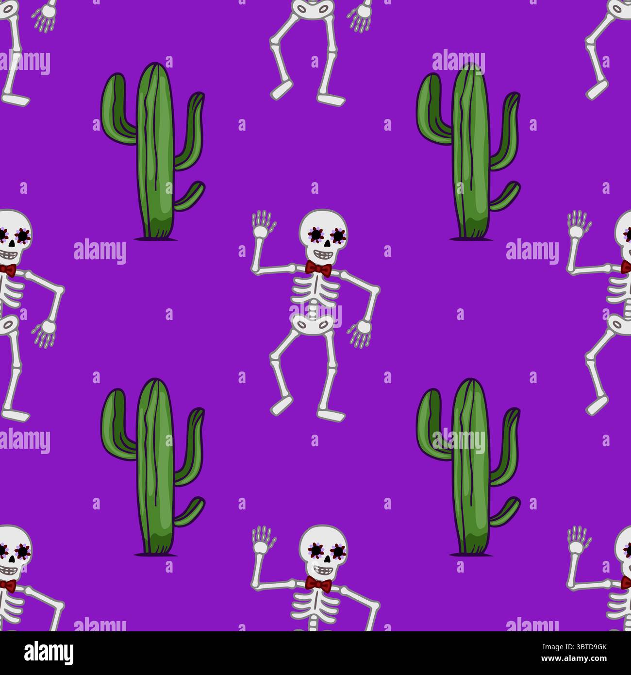 Motivo vettoriale senza cuciture con scheletri danzanti con decorazioni floreali per gli occhi e papilli rossi, che interagiscono giocosamente con vivaci cactus verdi Illustrazione Vettoriale