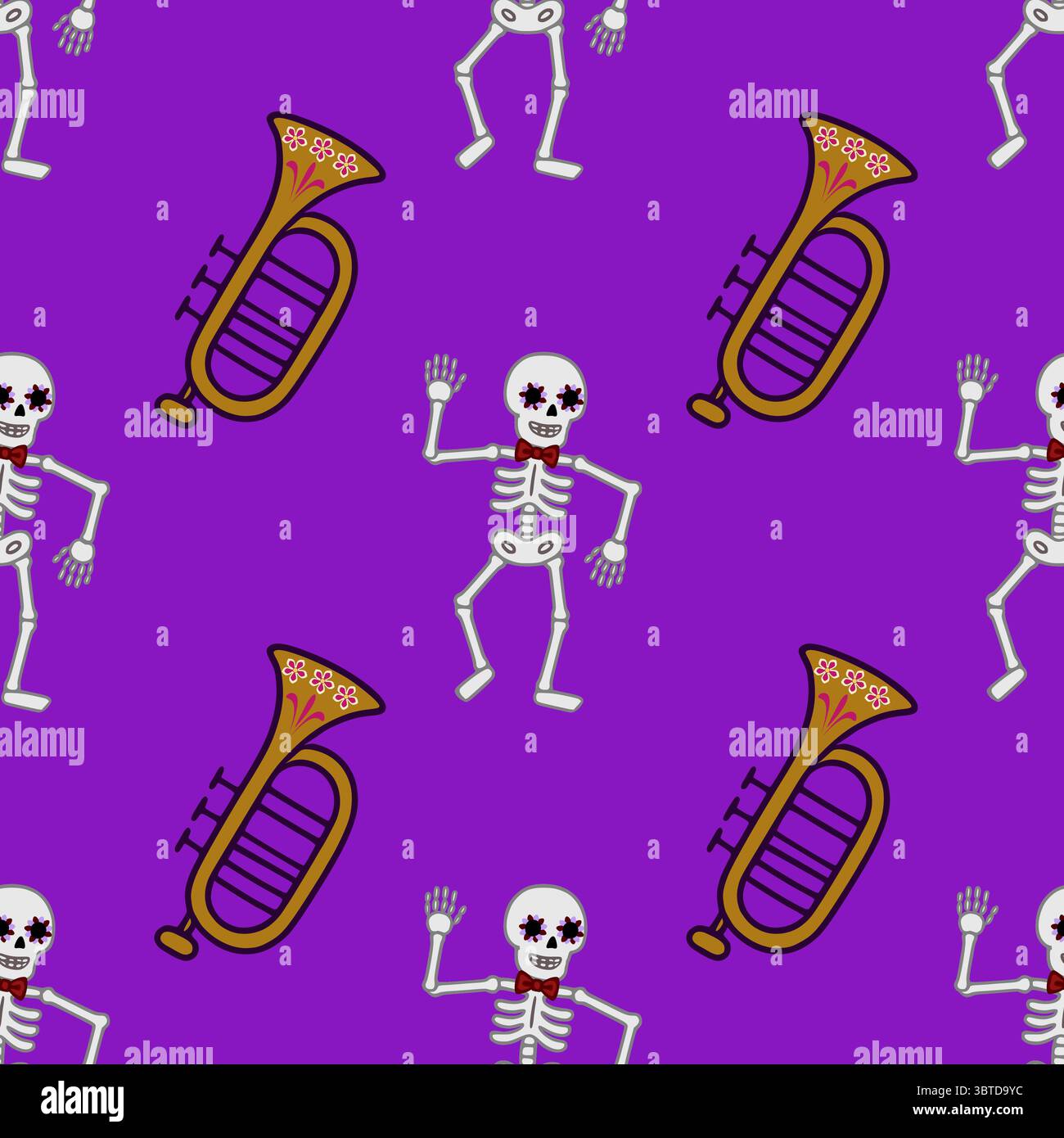 Il giorno festivo dei morti motivo vettoriale senza cuciture con scheletri danzanti con trucco floreale degli occhi e trombe dorate, perfetto per il vibrante Halloween Illustrazione Vettoriale