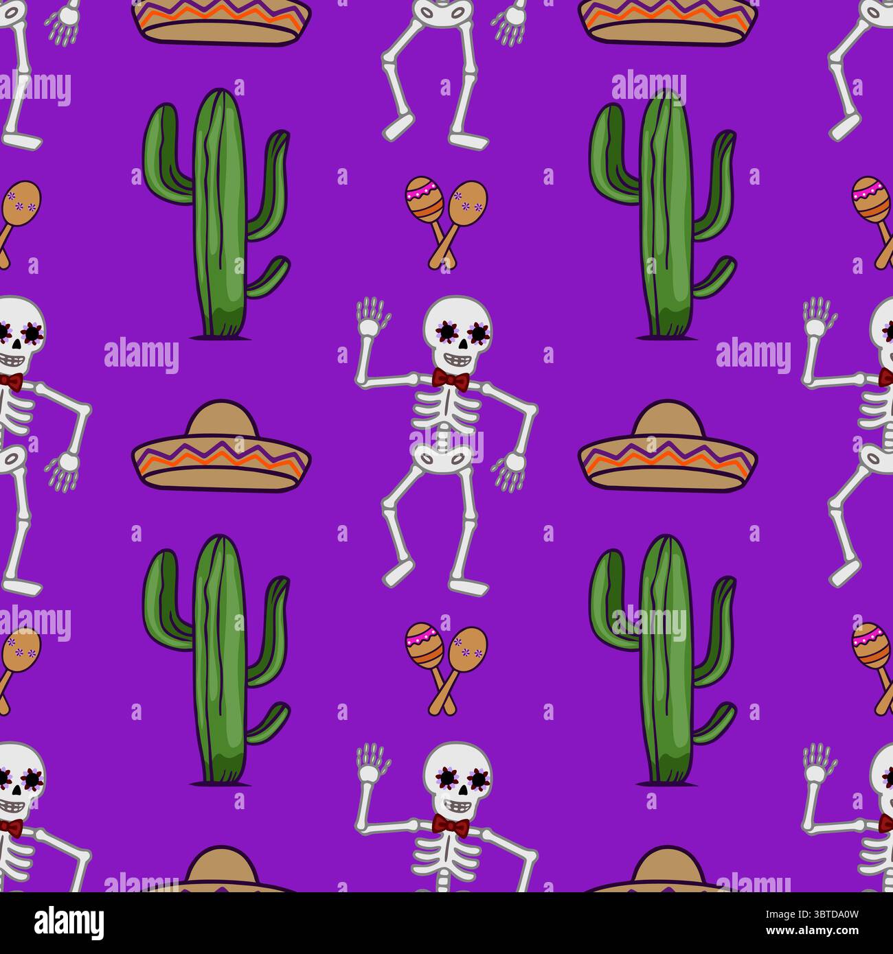 Il giorno festivo dei morti, motivo vettoriale senza cuciture con scheletri danzanti, cactus, sombreros e maracas su un vibrante sfondo viola, perfetto per Illustrazione Vettoriale