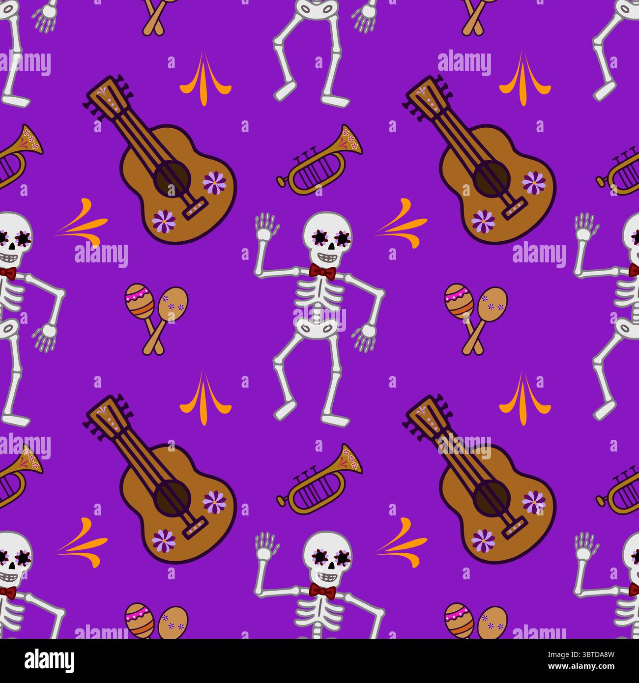 Il giorno festivo dei morti è un motivo vettoriale perfetto con scheletri danzanti, chitarre, trombe e maracas su un vivace sfondo viola, perfetto per vib Illustrazione Vettoriale