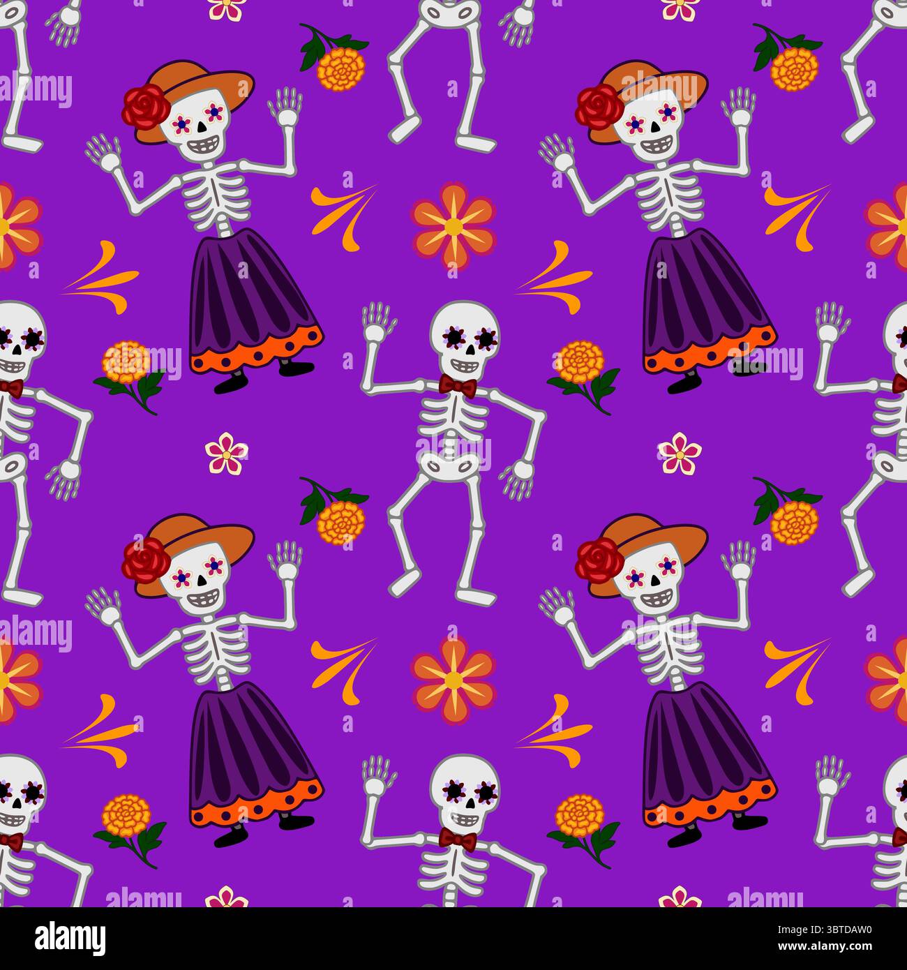 Vibrant Vector Seamless Pattern: Gli scheletri del giorno dei morti ballano tra Marigolds e Fiori festivi su sfondo viola Illustrazione Vettoriale