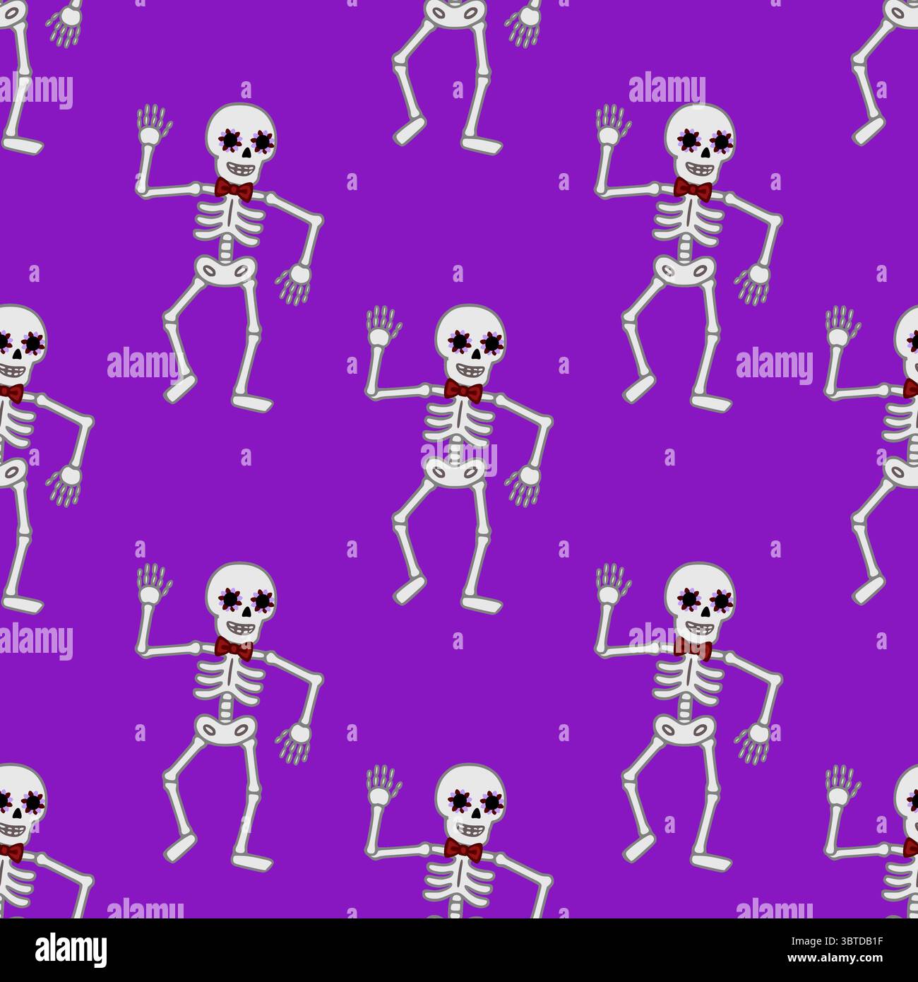 Motivo vettoriale senza cuciture di scheletri danzanti con decorazioni floreali agli occhi e cravatte rosse su un vivace sfondo viola, ideale per Halloween o Day o Illustrazione Vettoriale