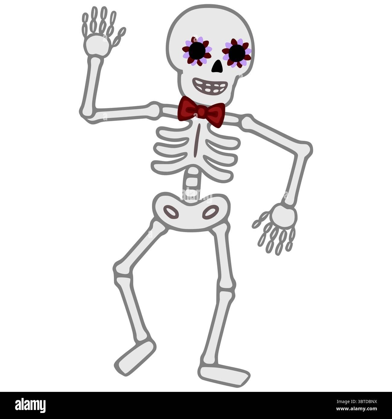 Illustrazione vettoriale di uno scheletro danzante allegro con decorazioni floreali per gli occhi e un papillon rosso, perfetto per le celebrazioni Day of the Dead o Hallowee Illustrazione Vettoriale