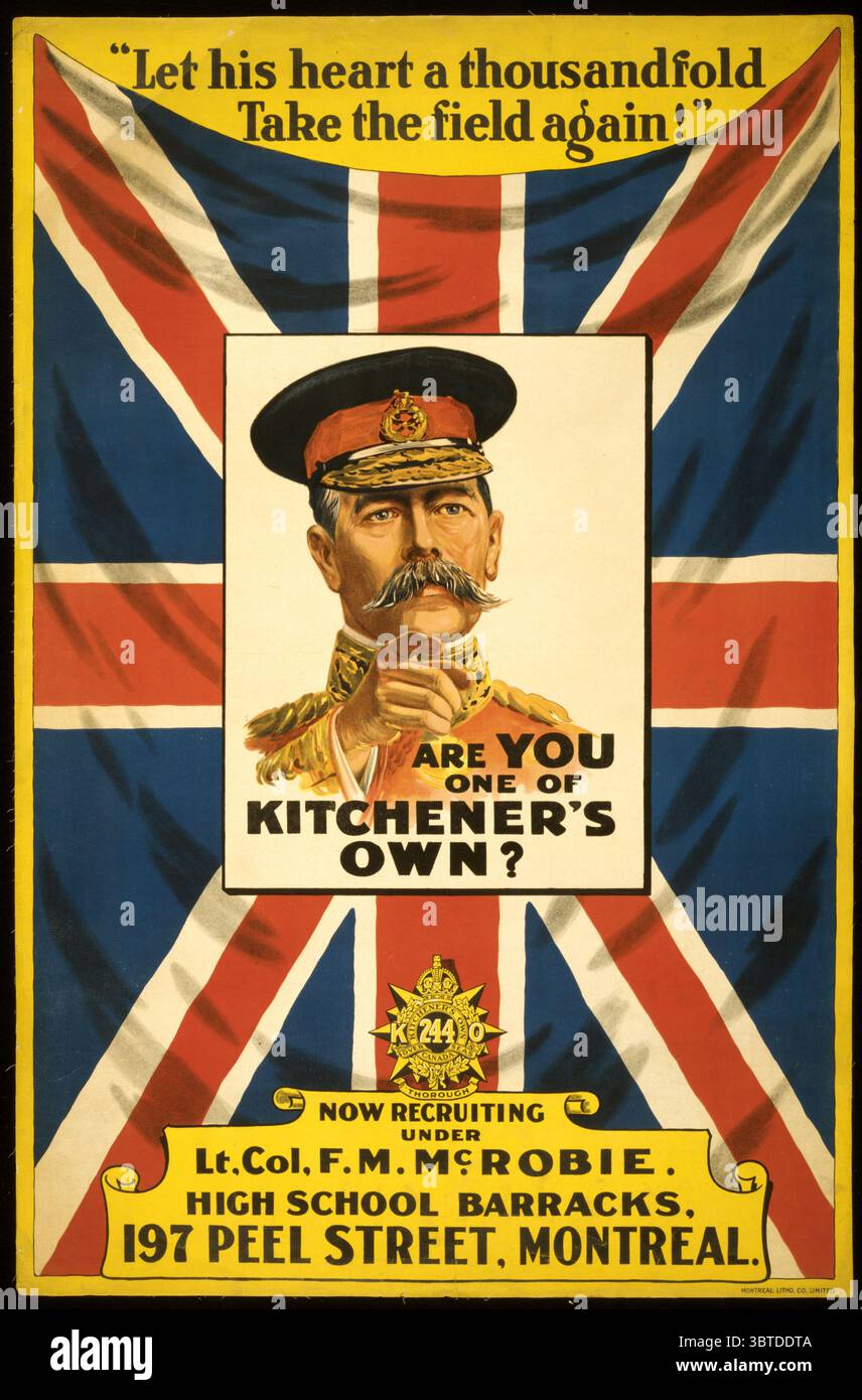 Titolo: Sei uno di Kitchener? Data di creazione/pubblicazione: Montreal : Montreal Litho. Co Limitato, [tra 1914 e 1918] Medio: 1 stampa (poster) : litografia, colore ; 105 x 69 cm. Sommario: Il poster mostra il ritratto di Lord Kitchener con Union Jack come sfondo. Foto Stock