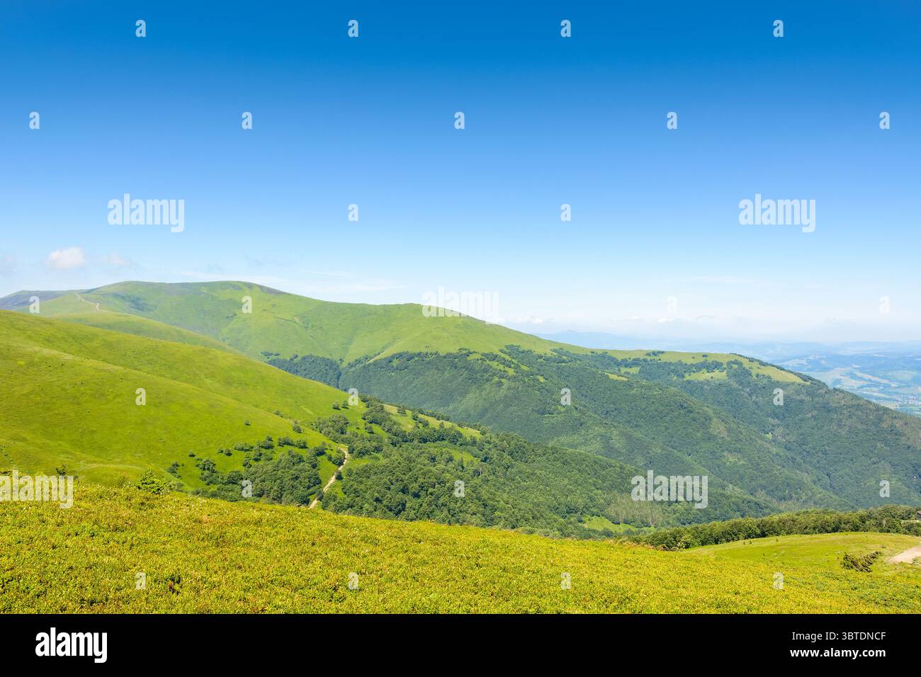scopri la bellezza del paesaggio montano in estate. sfondo panoramico con colline verdi e pendii ripidi. ambiente alpino in blu chiaro s. Foto Stock
