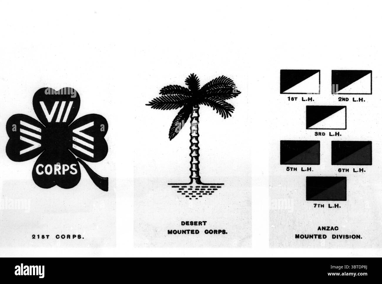 Segni di divisione e di corpo. 21° corpo : Verde con numeri bianchi e lettera S . Desert Mounted Corps : bianco e nero . Anzac Mounted Division : le patch illustrate sono del 1°, 2° e 3° Light Horse della 1a Australian Light Horse Brigade e 5°, 6° e 7° Light Horse della 2a Australian Light Horse Brigade . 1° LH : blu / bianco ; 2° LH : verde / bianco ; 3° LH : nero / bianco ; 5° LH : blu / rosso ; 6° LH : verde rosso ; e 7° LH : nero / rosso . 1914 - 1918 Foto Stock Segni di divisione e di corpo. 21° corpo : Verde con numeri bianchi e lettera S . Desert Mounted Corps : bianco e nero . Anzac Mounted Division : le patch illustrate sono del 1°, 2° e 3° Light Horse della 1a Australian Light Horse Brigade e 5°, 6° e 7° Light Horse della 2a Australian Light Horse Brigade . 1° LH : blu / bianco ; 2° LH : verde / bianco ; 3° LH : nero / bianco ; 5° LH : blu / rosso ; 6° LH : verde rosso ; e 7° LH : nero / rosso . 1914 - 1918 Foto Stock
