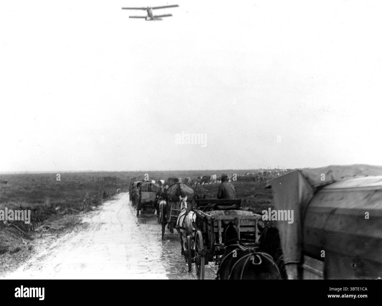 In caso di maltempo, un biplano vola su una strada lungo la quale sta arrivando un lungo convoglio di mezzi francesi per il trasporto di cavalli . Vicino a Courtrai , Francia . Ottobre 1918 Foto Stock