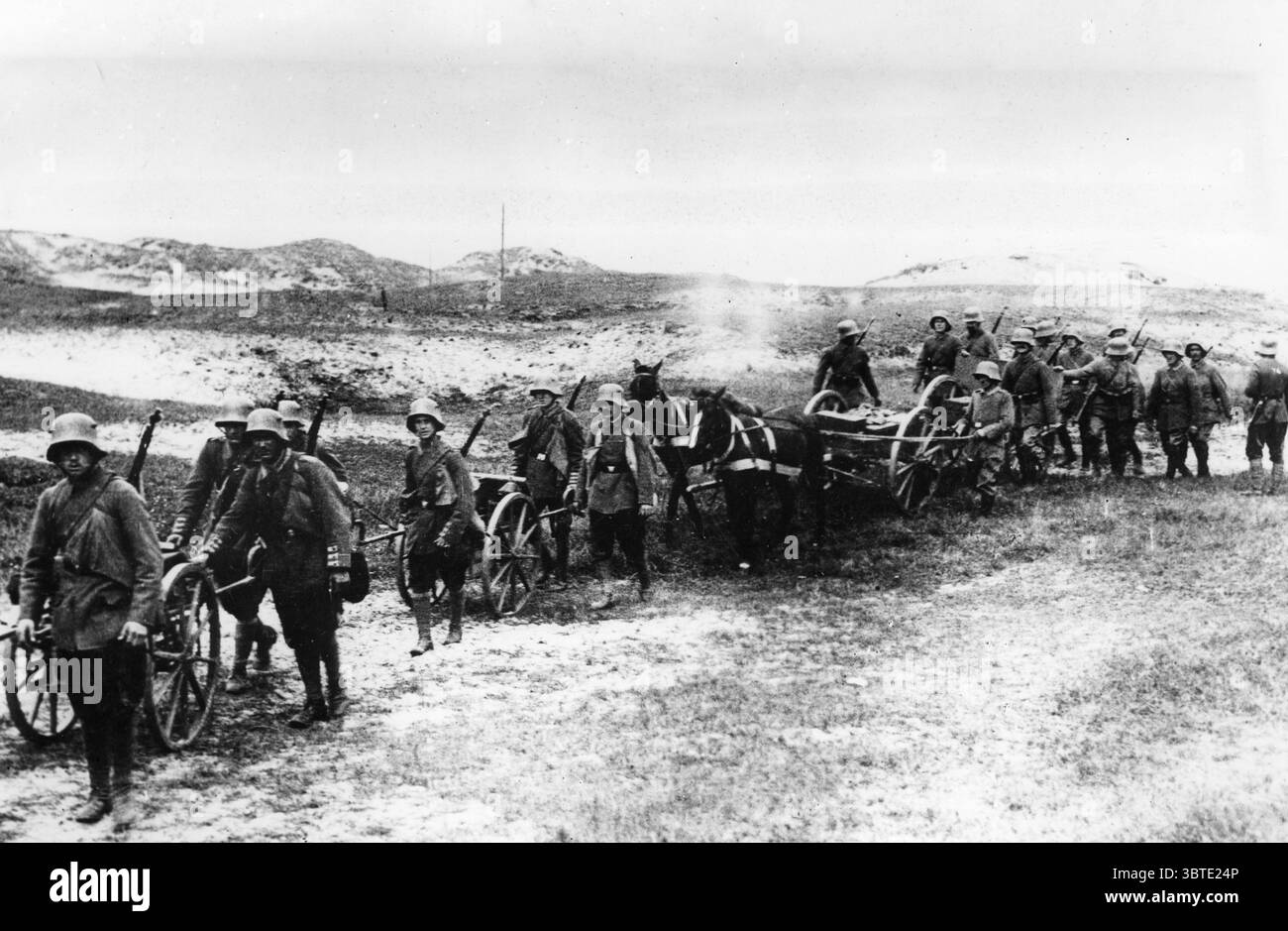 Batteria leggera per Malta di trincea e giallo trainato da cavalli che si muovono in avanti Foto Stock