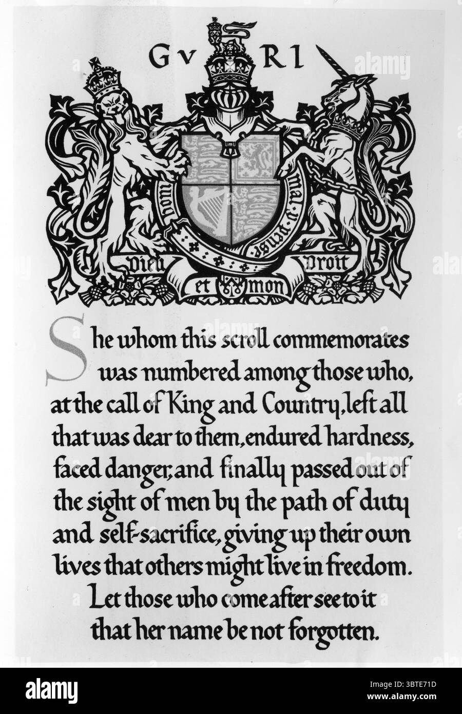 Rotolo d'onore per le donne che fu dato dal re HM al parente successivo di tutti coloro che persero la vita nella grande Guerra . 1914 - 1918 Foto Stock