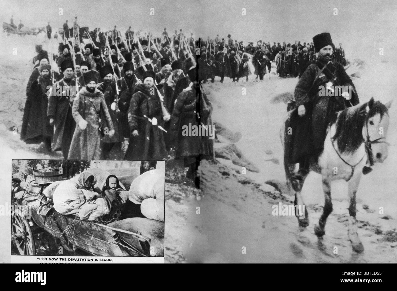 La fanteria russa della prima guerra mondiale in condizioni avverse di neve e ghiaccio , con intarsio che mostra i rifugiati provenienti dalla Prussia orientale Foto Stock