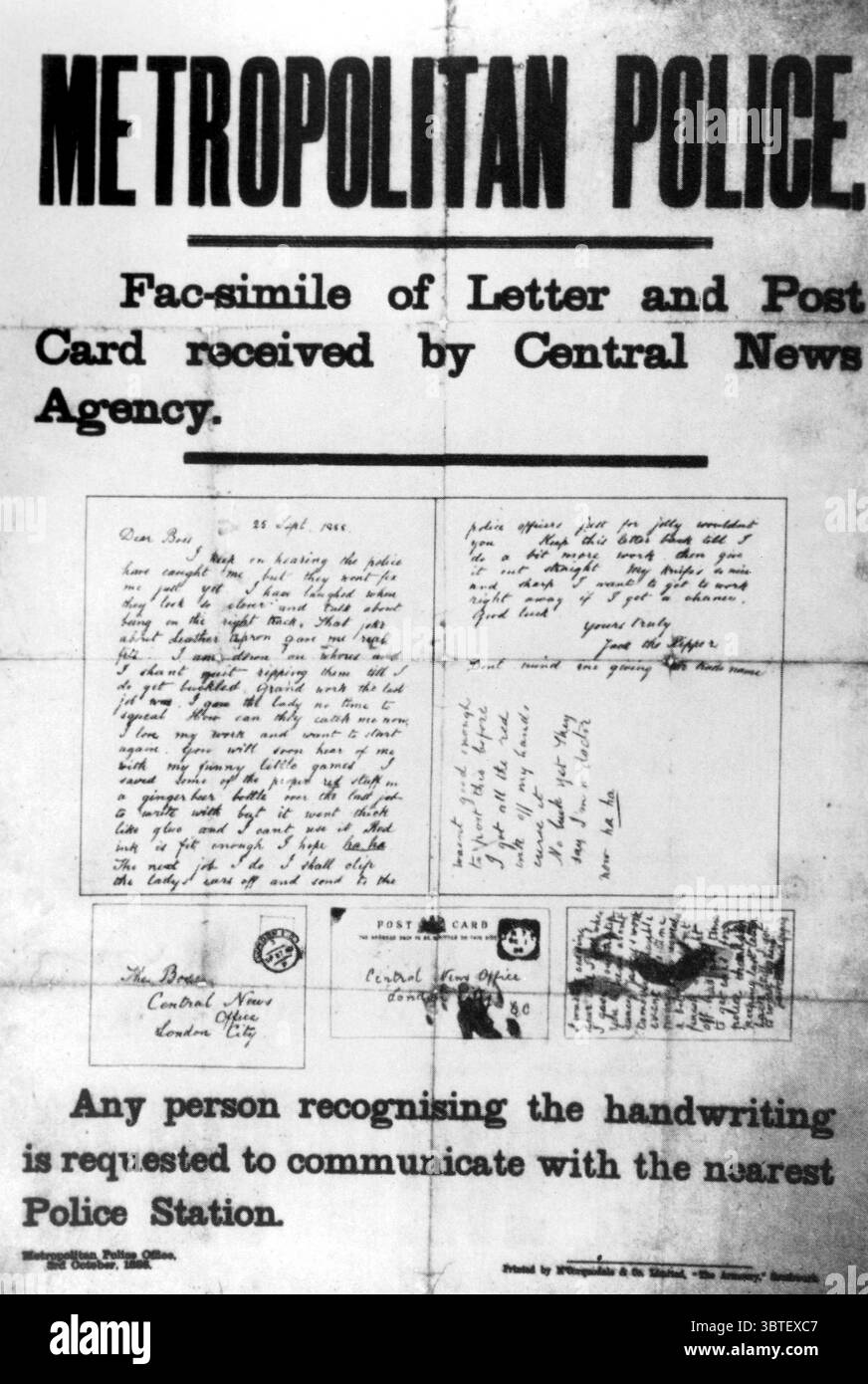 Jack lo Squartatore Una polizia Metropolotana firma un tentativo di informazioni tra cui una lettera e una cartolina presumibilmente scritte dall'assassino. 3 ottobre 1888 Foto Stock