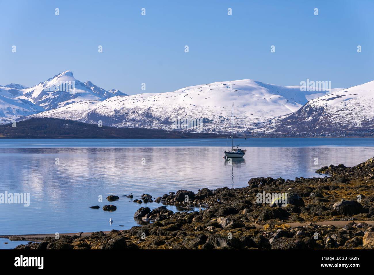Tromso è una città della municipalità di Tromsø nella contea di Troms, Norvegia. La città è situata sull’isola di Tromsøya, che si trova nello stretto di Tromsøysundet, Foto Stock