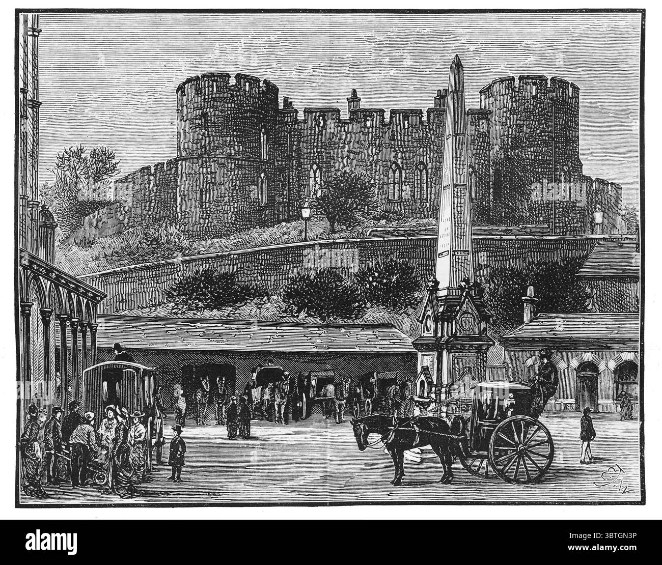 Castello di Shresbury dalla stazione ferroviaria nel XIX secolo. Black and White Illustration from Our Own Country Vol IV pubblicato da Cassell, Petter, Galpin & Co. Alla fine del XIX secolo. Foto Stock
