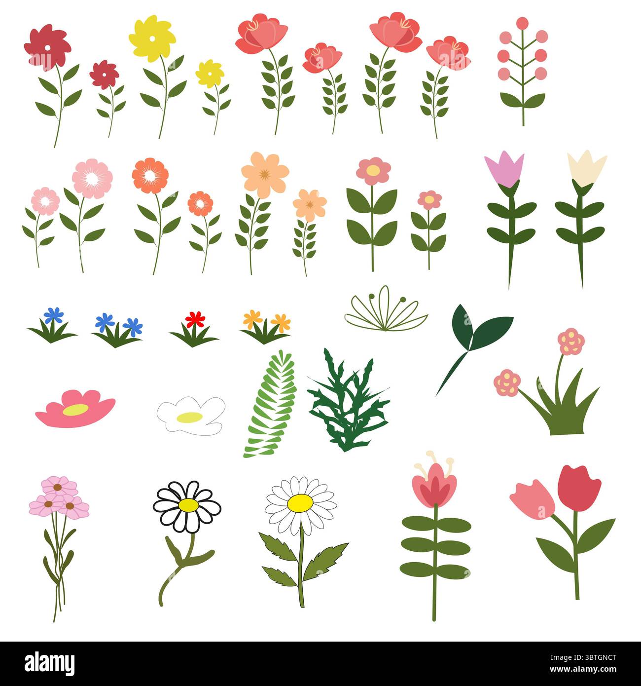 Serie di illustrazioni floreali con vari fiori colorati disegnati in uno stile luminoso e giocoso Foto Stock