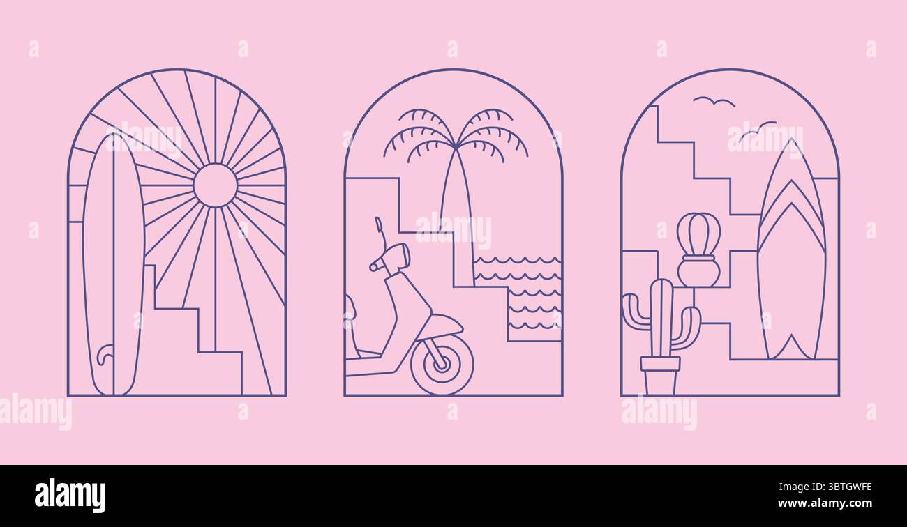 Surf club minimalista, icone da campeggio, distintivi. Grazioso paesaggio con tavola da surf vettoriale, bicicletta, palma, arco, scale per t-shirt, design merch. Illustrazione Vettoriale