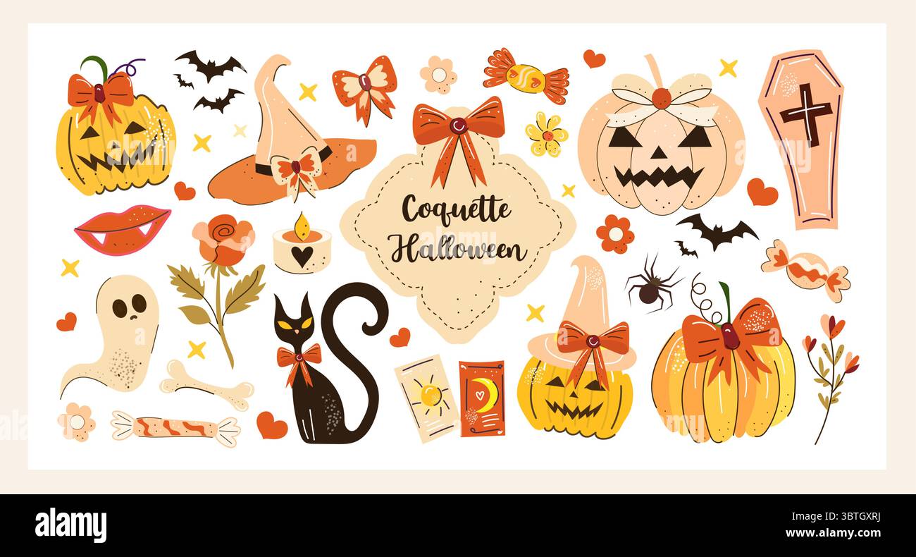 Collezione vettoriale di Coquette Halloween con zucche pastello, cappelli da strega, gatto nero, fiocchi, caramelle, fiori ed elementi spaventosi e carini in un'estetica femminile Illustrazione Vettoriale