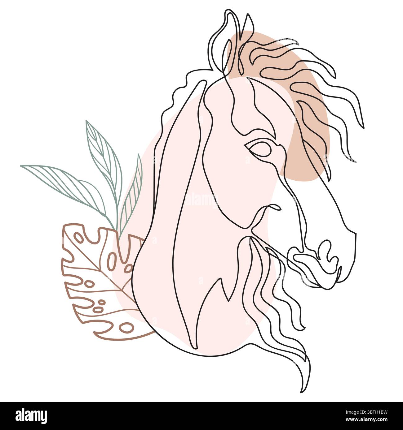 Moderno ritratto astratto del cavallo in uno stile grafico vettoriale continuo in morbide forme pastello e dettagli botanici. Per l'arte boho, equestri Illustrazione Vettoriale