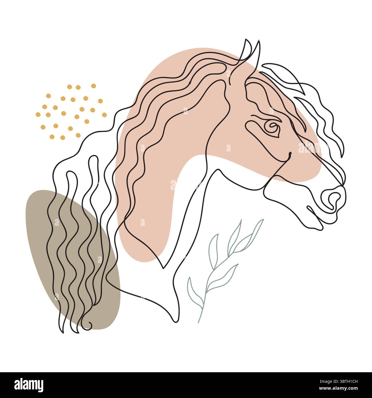 Moderno ritratto astratto del cavallo in uno stile artistico a linea continua in morbide forme pastello e dettagli botanici, vettoriali. Per la boho wall art, equestre Illustrazione Vettoriale