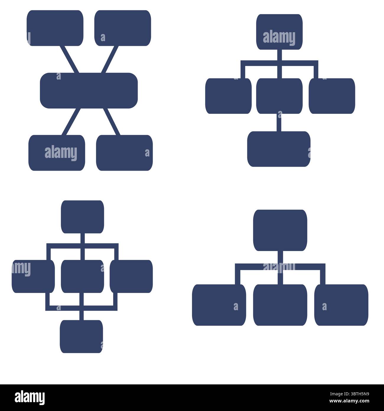 Set di quattro diagrammi vettoriali univoci con rettangoli arrotondati, che rappresentano varie strutture gerarchiche e diagrammi organizzativi, adatto Illustrazione Vettoriale
