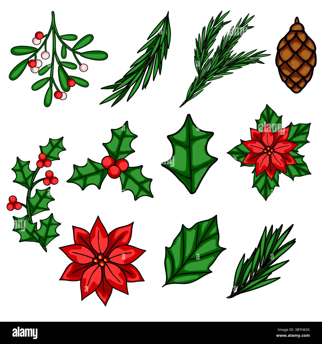 Una vivace illustrazione vettoriale di una collezione di elementi botanici di Natale disegnati a mano, tra cui holly, Mistleto, poinsettia, rami di pino, e a Illustrazione Vettoriale