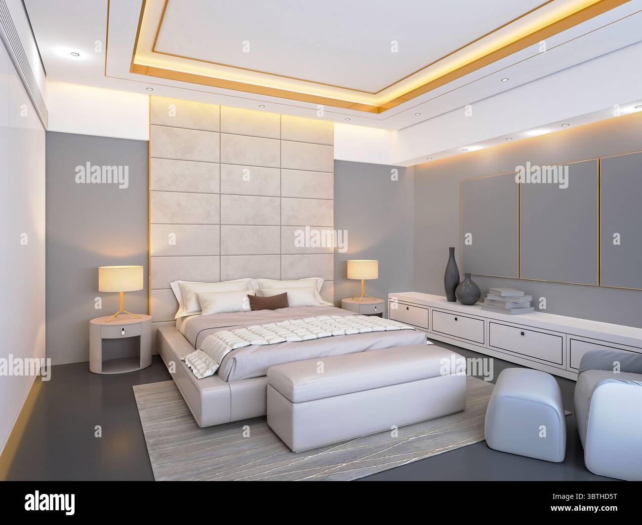 rendering in 3d di un appartamento di lusso o di una camera da letto in hotel Foto Stock