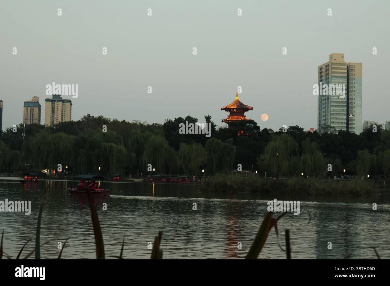 Parco Xingqing con luna piena, Xi'an, paesaggi cinesi Foto Stock