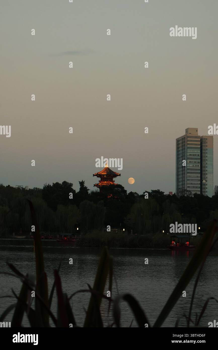 Parco Xingqing con luna piena, Xi'an, paesaggi cinesi Foto Stock