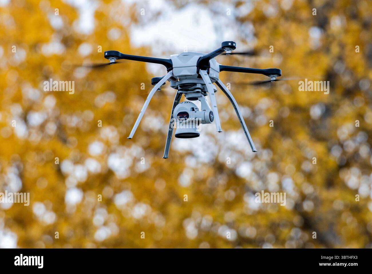 8 ottobre 2019 - Joint base Elmendorf-Richardson, Alaska, USA - Un drone gestito da Airmen con il 773d Civil Engineer Squadron vola sopra un'area di addestramento mentre cattura l'intelligence aerea è il supporto di un esercizio di preparazione e addestramento, Polar Force 20-1, presso Joint base Elmendorf-Richardson, Alaska, 8 ottobre 2019. Progettato per testare la preparazione alla missione di JBER, Polar Force 20-1 è un esercizio di due settimane che affina le abilità e l'esperienza degli Airmen in situazioni avverse. Gli aviatori perfezionarono le loro tattiche di emergenza, tecniche e procedure a sostegno della Pacific Air Forces Agile Combat Employme Foto Stock