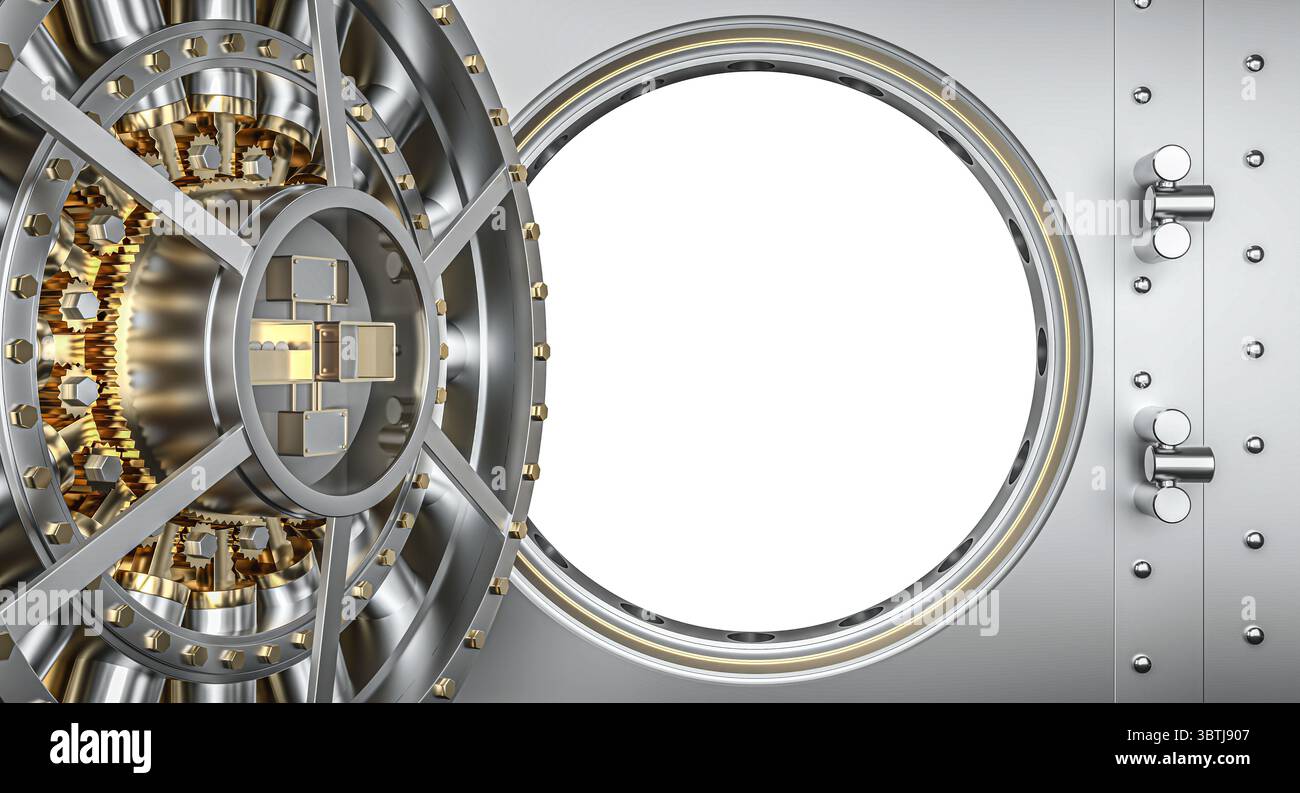 Sportello del vault in posizione aperta con sfondo trasparente 3d. Foto Stock