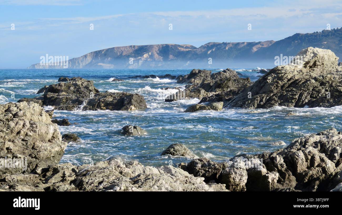Aspro paesaggio costiero con affioramenti rocciosi e onde che si infrangono lungo la costa orientale dell'Isola del Sud della nuova Zelanda, con montagne nebbiose Foto Stock