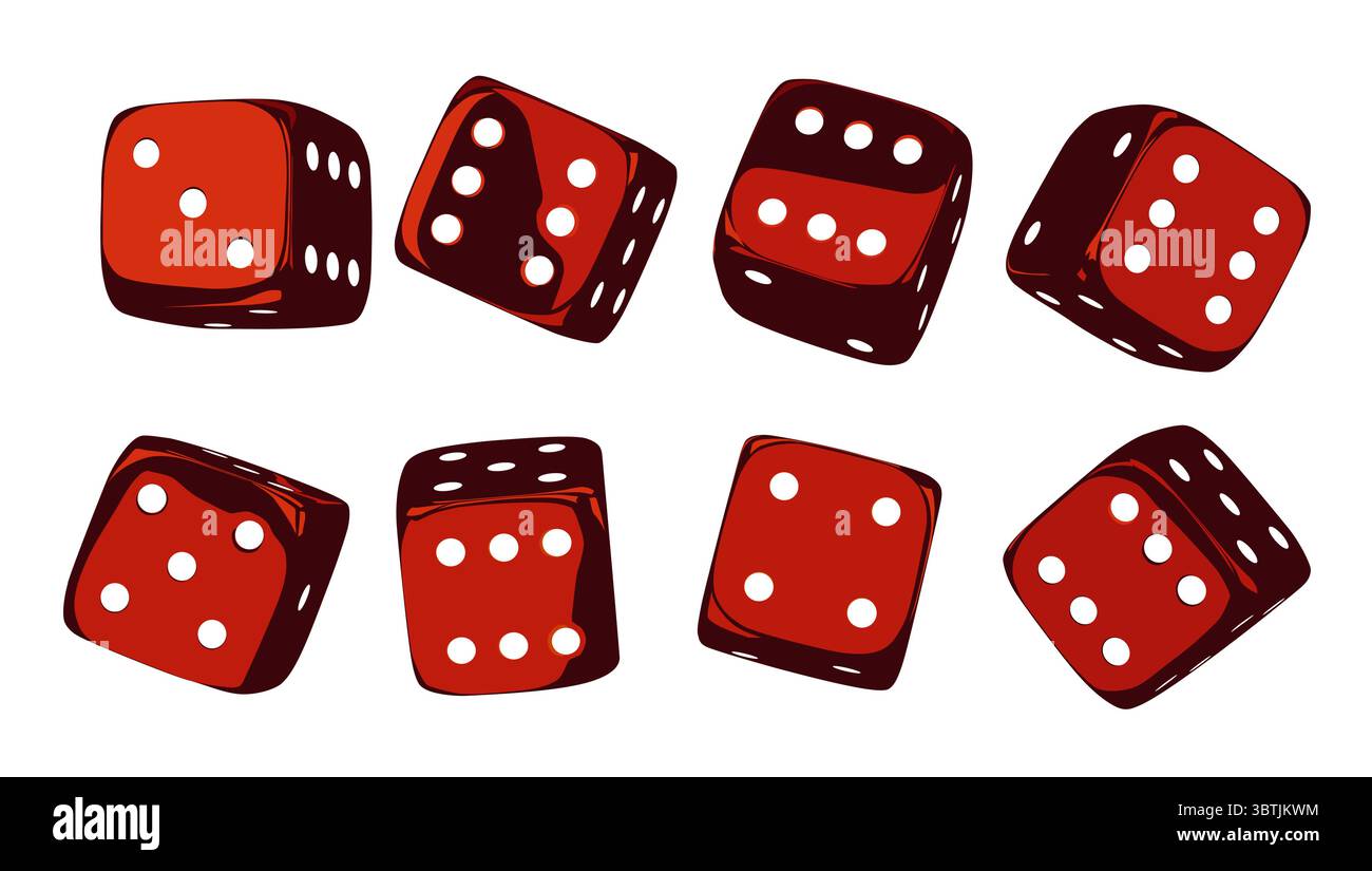 Dadi rossi impostati su sfondo isolato. Cubetti di dadi rotanti casuali. Cubi lucidi per giochi di azzardo. rendering 3d. Illustrazione Vettoriale