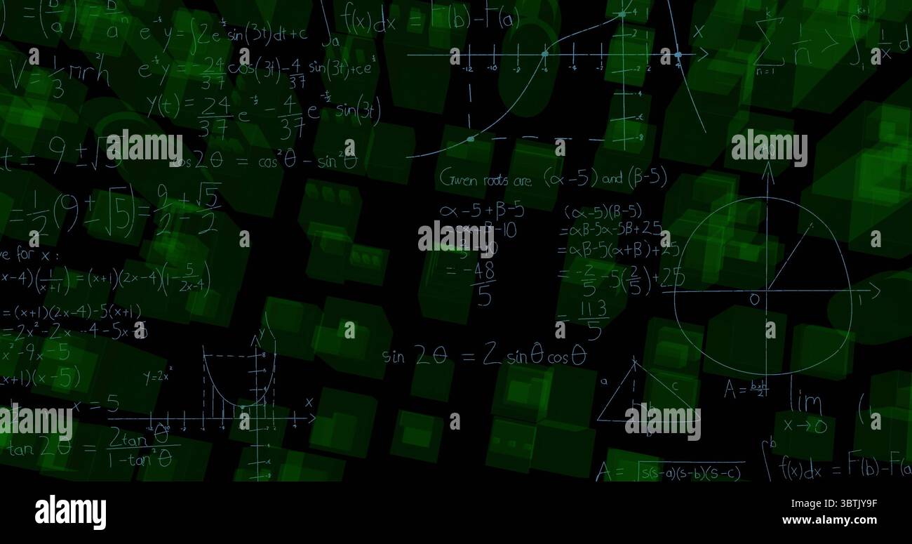Formule matematiche bianche e grafici fluttuanti su matrice digitale, con griglia a cubo verde semi-trasparente Foto Stock