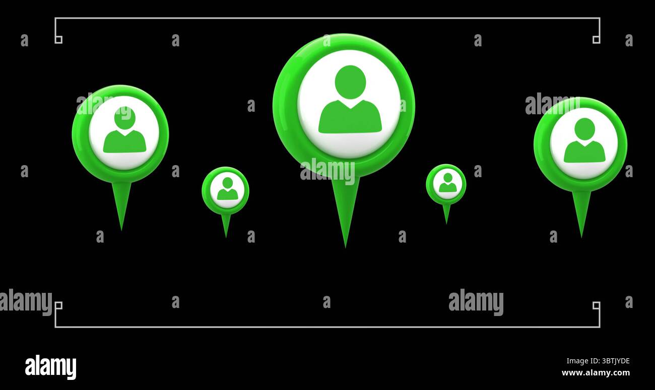 Grande marcatore verde della mappa in piedi con l'icona bianca dell'utente su sfondo scuro, che mostra la posizione Foto Stock