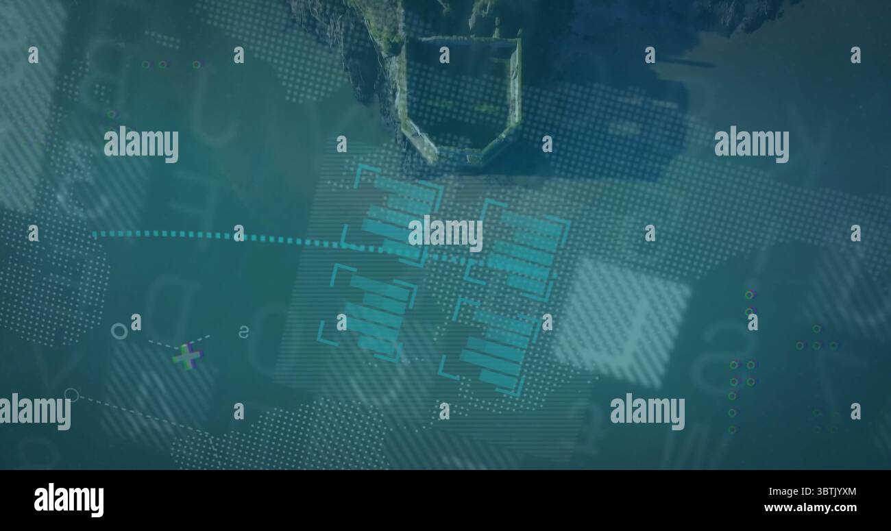Visualizzazione della cornice metallica che galleggia sull'interfaccia verde acqua, con mappa del mondo punteggiata e grafici a barre turchesi Foto Stock