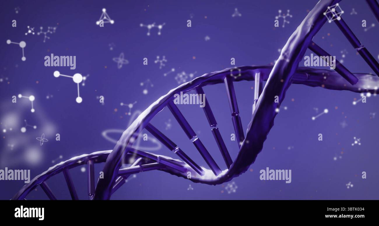 Torsione del DNA a doppia elica nello spazio virtuale, con icone molecolari, atomi e legami fluttuanti Foto Stock
