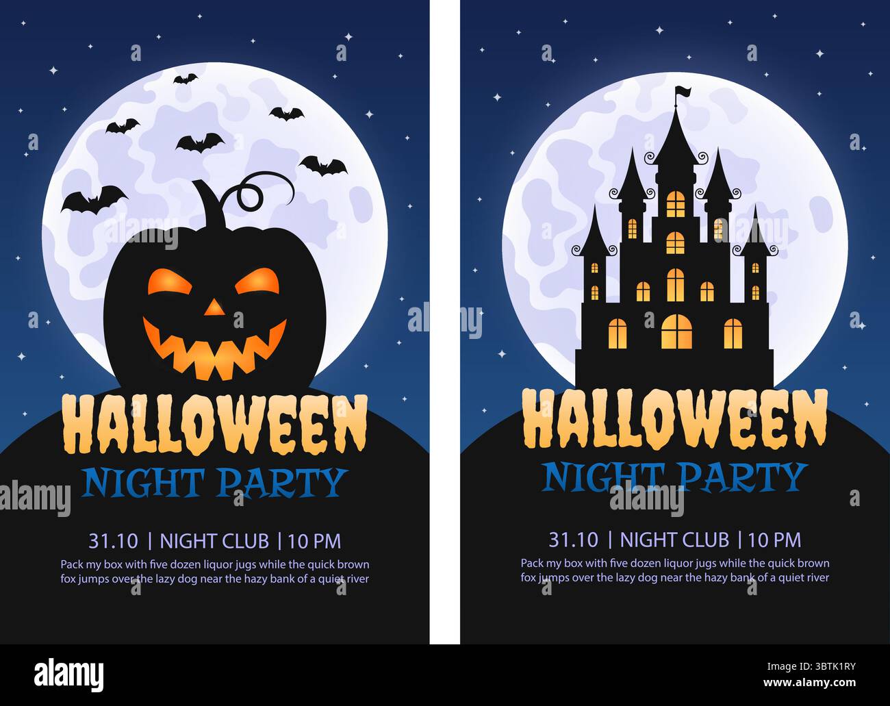 Set di modelli di invito per la festa di Halloween. Illustrazione vettoriale. Zucca, Casa infestata, Luna piena. Illustrazione Vettoriale